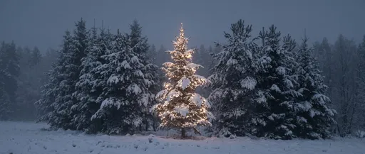 Glowing Christmas Tree in Snowy Forest