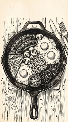 Vintage Woodcut English Breakfast Skillet Illustration