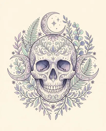 Ornate Pastel Skull With Crescent Moons
