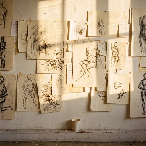 Sunlit Studio Wall With Charcoal Sketches