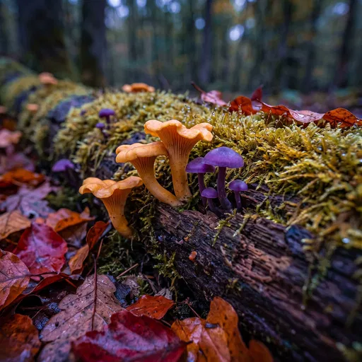Golden and Purple Mushrooms on Mossy Log