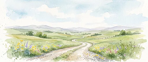 Watercolor Country Road Through Rolling Hills