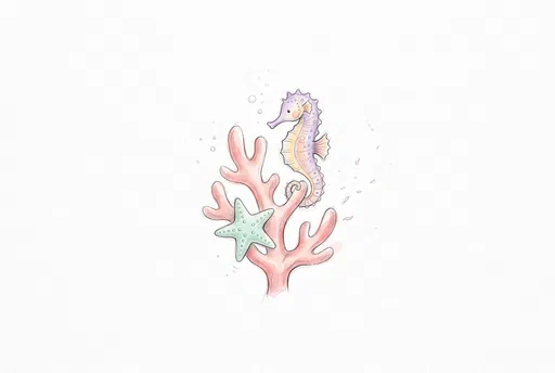 Watercolor Seahorse and Starfish on Coral