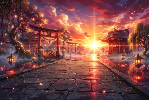 Mystical Anime Shrine at Sunset