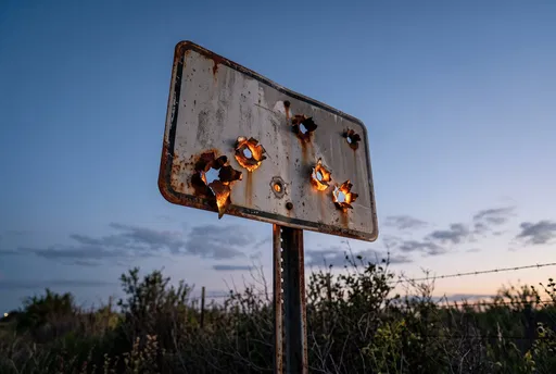 Weathered Road Sign With Glowing Bullet Holes