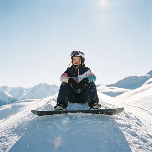 Smiling Female Snowboarder on Snowy Mountain Peak