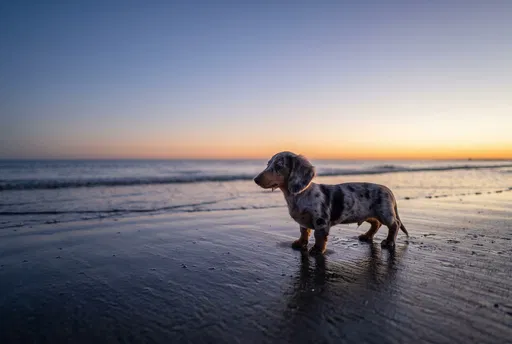 Dapple Dachshund Puppy on Dusk Beach