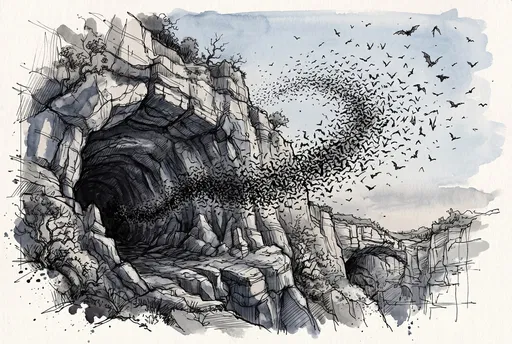 Ink Sketch of Bats Emerging from Cave