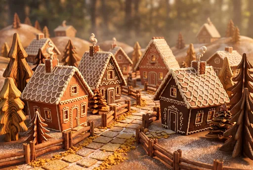 Whimsical Gingerbread Village in Warm Sunlight