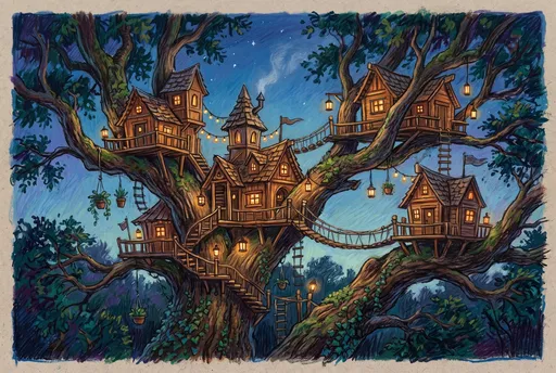 Whimsical Glowing Treehouse Sanctuary Illustration