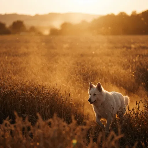 White Shepherd in Golden Sunset Field