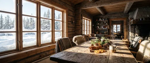 Rustic Winter Cabin Interior in Sunlight