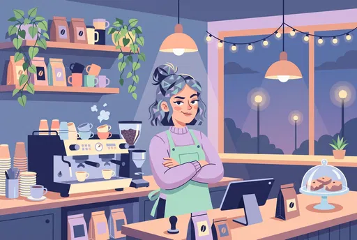 Smirking Barista in Cozy Evening Cafe