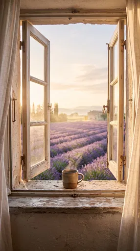 Coffee Mug on Window Sill Overlooking Lavender