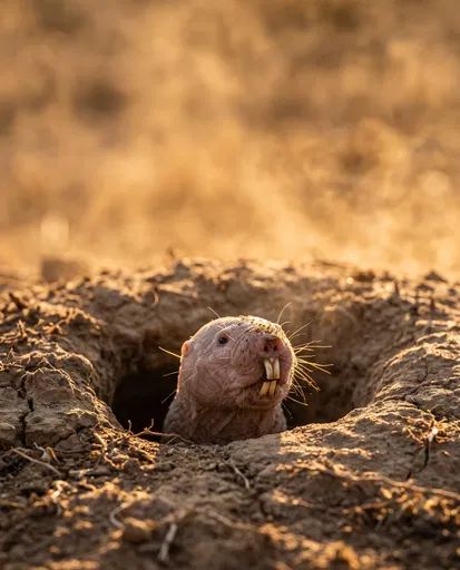 Naked Mole Rat Peeking From Burrow