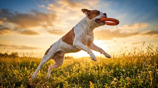 American Bulldog Leaping Catching Ring at Sunset