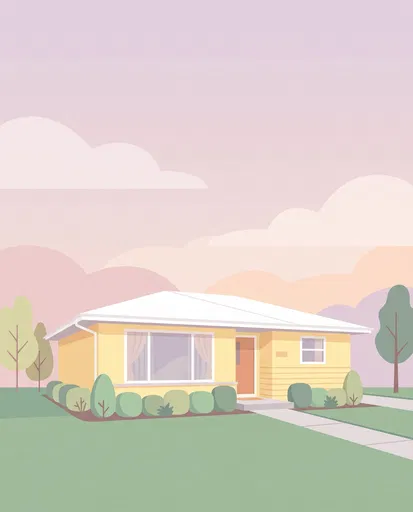 Pastel Yellow Suburban Ranch House Illustration