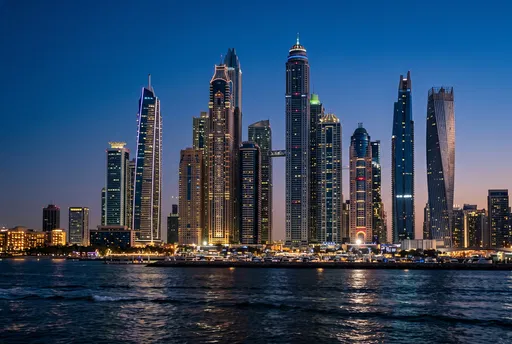 Illuminated Modern Waterfront Skyline at Twilight