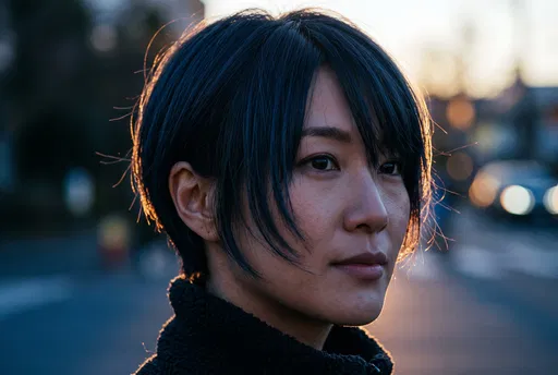 East Asian Woman With Pixie Cut Outdoors
