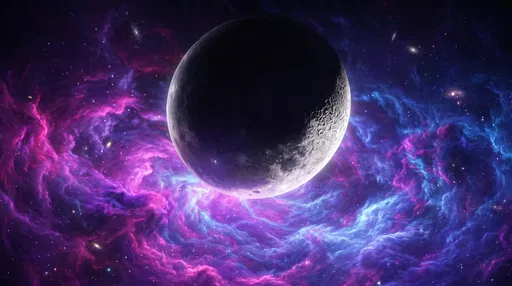 Cratered Moon in Vibrant Nebula Clouds
