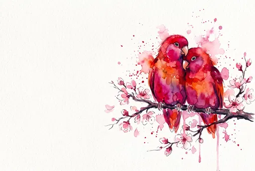 Watercolor Crimson Lovebirds on Cherry Blossom Branch