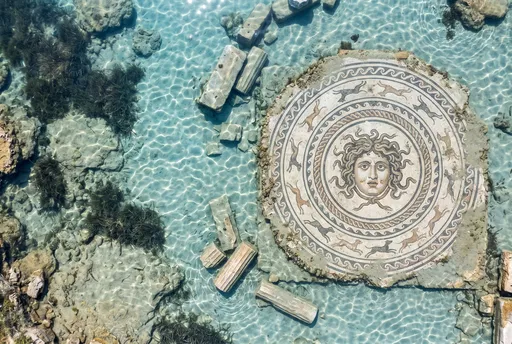 Submerged Ancient Gorgon Mosaic in Clear Water