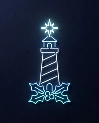 Glowing Neon Christmas Lighthouse With Holly