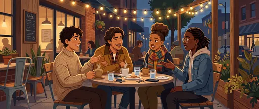 Four Friends Chatting at Evening Cafe