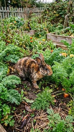 Tortoiseshell Rabbit in Cottage Vegetable Garden