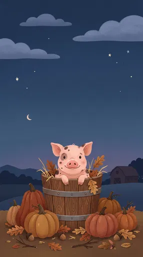 Cute Spotted Piglet in Autumn Bucket