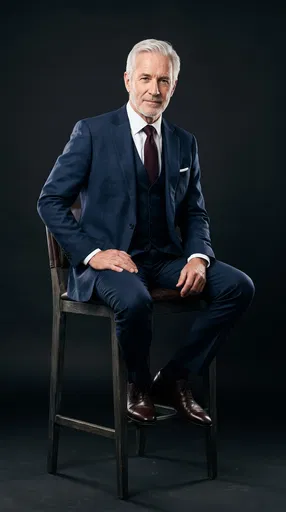 Mature Businessman in Navy Suit on Stool
