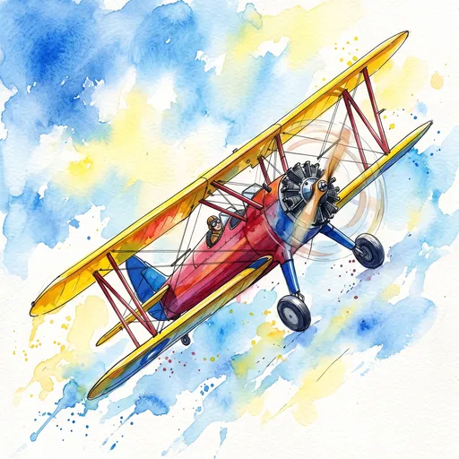 Vibrant Watercolor Illustration of Vintage Biplane