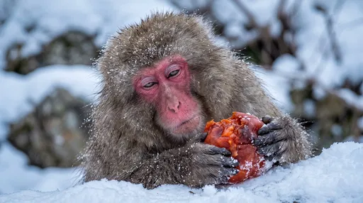 Sleepy Japanese Macaque Holding Overripe Persimmon