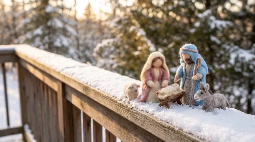 Needle Felted Nativity Set on Snowy Rail