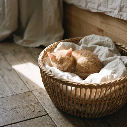 Ginger Kitten Sleeping in Rattan Basket