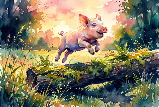 Watercolor Piglet Leaping Over Mossy Log