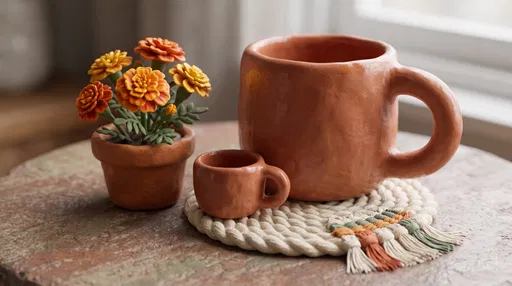 Handmade Terracotta Mugs With Potted Marigolds