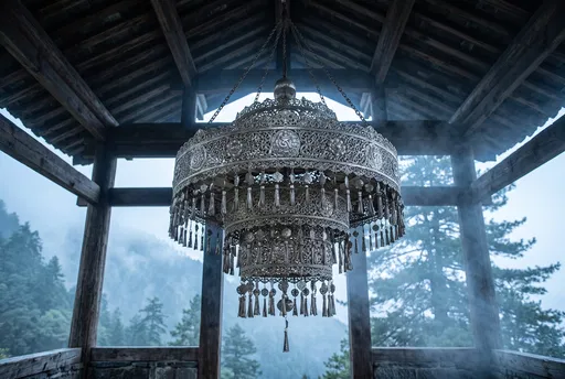 Silver Filigree Buddhist Parasol in Mountain Pavilion