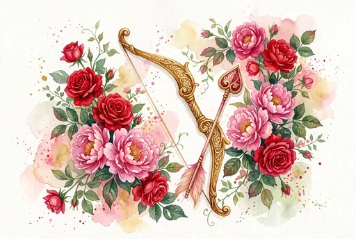 Watercolor Cupid's Bow with Roses and Peonies