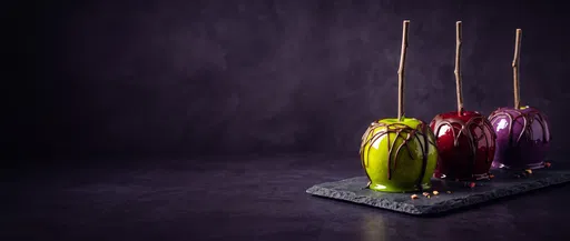 Three Colorful Candied Apples on Slate