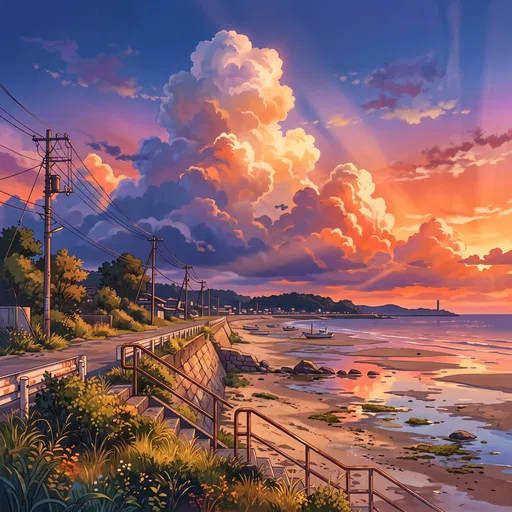 Anime Coastal Sunset Over Seawall and Bay