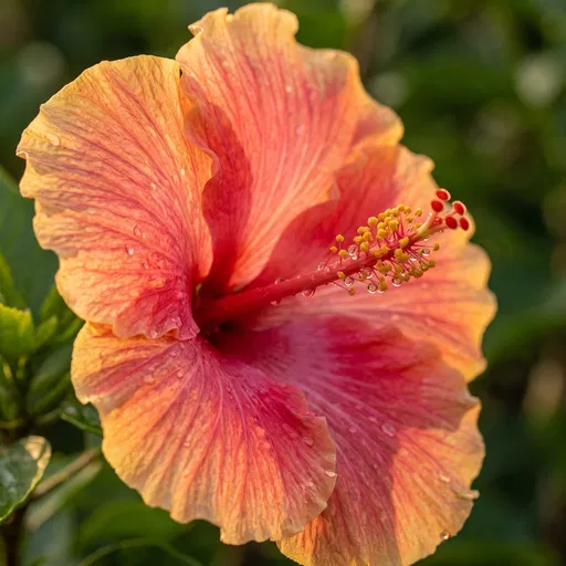 Coral and Gold Hibiscus in Sunlight