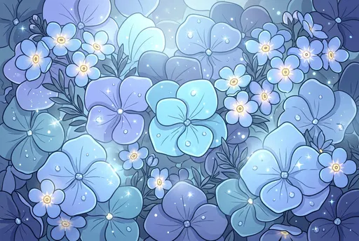 Blue Hydrangea and Forget-Me-Not Cartoon Illustration