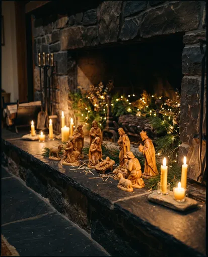 Wooden Nativity Scene on Stone Fireplace Hearth