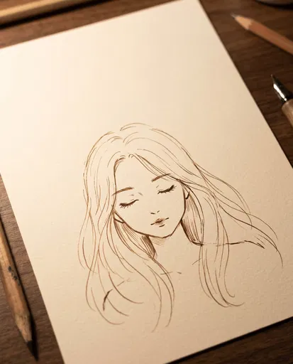 Minimalist Brown Ink Anime Girl Sketch