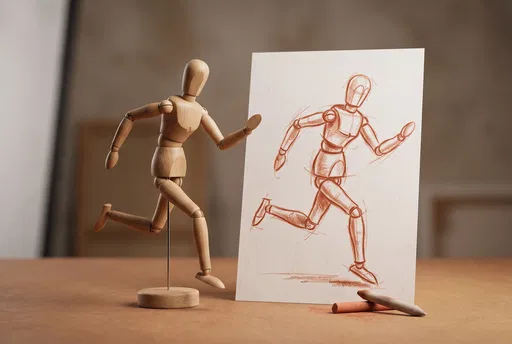 Wooden Artist Mannequin Beside Running Sketch