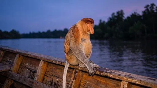 Proboscis Monkey on Boat at Dusk