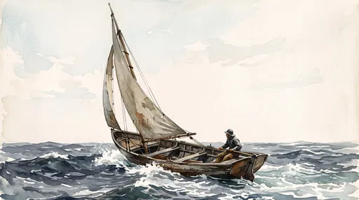 Watercolor Illustration of Wooden Sailboat at Sea