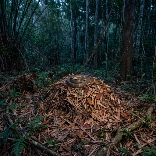 King Cobra Coiled on Leaf Nest