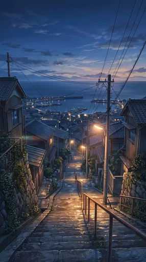 Anime Coastal Town Staircase at Blue Hour
